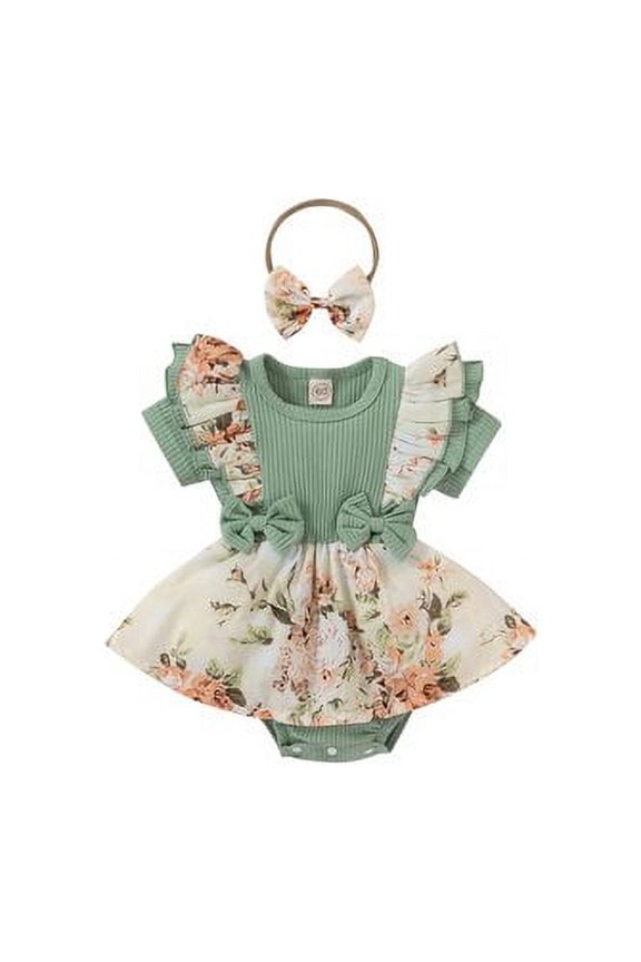 Newborn Baby Girl Ruffle Short Sleeve Romper Floral Tutu Skirt Dress Jumpsuit With Headband 2PCS Outfit Set