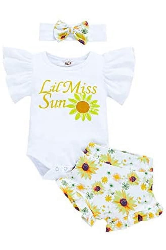 Newborn Baby Girls Clothes Ruffles Sleeve Romper + Floral Bottoms Shorts + Headband 3PCS Summer Outfits
