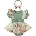 thumbnail image 1 of GRNSHTS Newborn Infant Baby Girl Floral Bow Romper Short Sleeve Ribbed Bodysuit Ruffle Tutu Skirt Set Headband Summer Clothing (Green,6-9 Months), 1 of 13