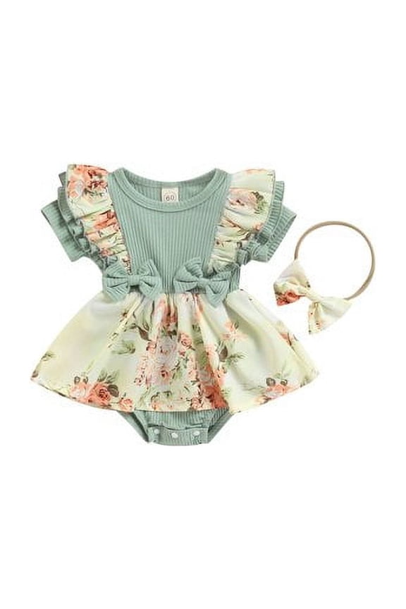 Newborn Infant Baby Girl Summer Clothes Floral One Piece Romper Dress Outfit with Headband