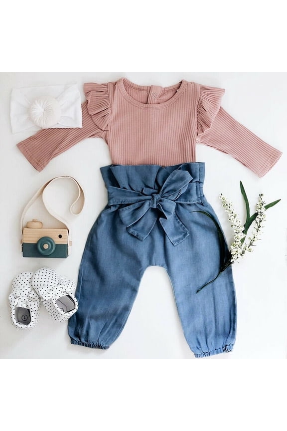 Newborn Infant Baby Girls Autumn Clothes 2PCS Long Sleeve Tops Romper Denim Pants Trousers Set Outfits (Blue , 12-18 Months)