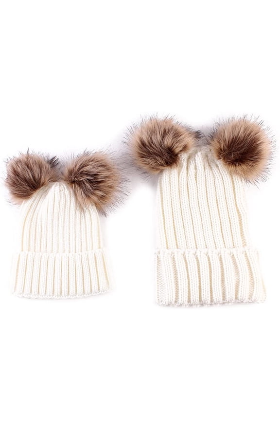 Parent-Child Beanie Hat, Mother and Baby Daughter/Son Winter Knitted Warm Hat, Winter Warm Double Pom Crochet Cap,White