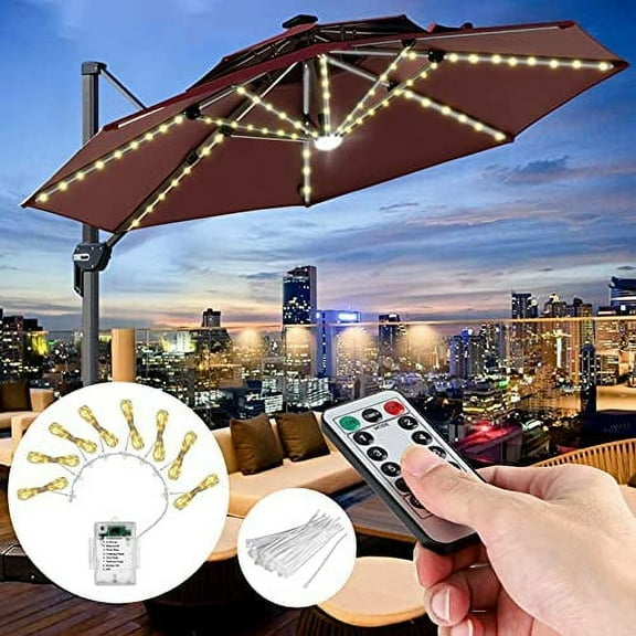 GRNSHTS Patio Umbrella Lights with Remote Control, Outdoor Home Christmas Decor 8 Brightness Modes 104 LEDs Umbrella Pole Light Waterproof 3AA Battery Operated Parasol String Lights for Camping Tents