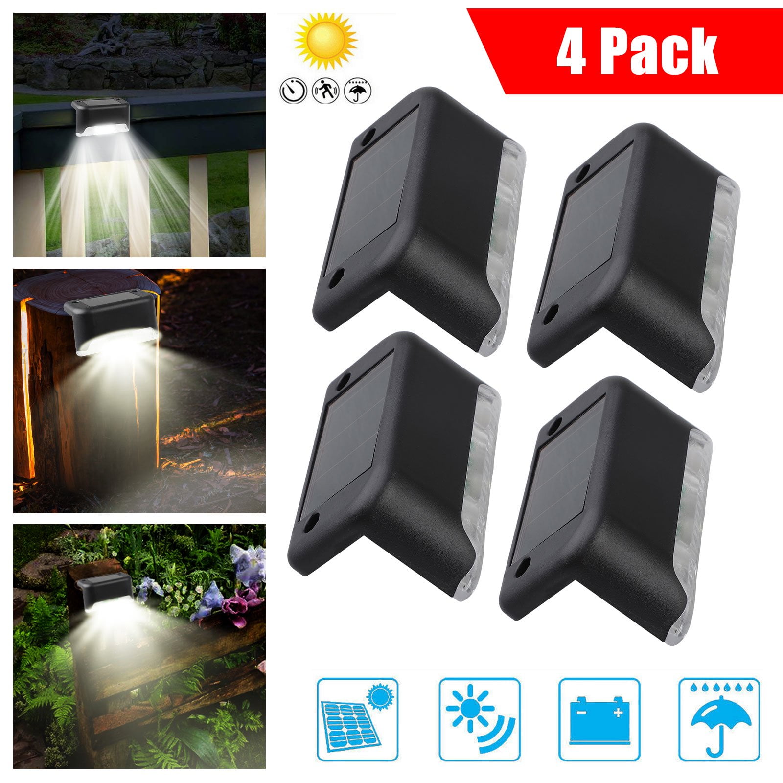 Black Solar Powered LED Deck Rail Light Pack, Set of 4