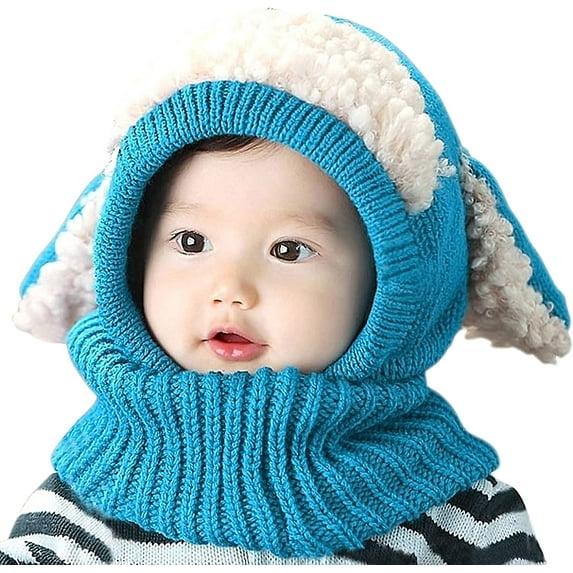 GRNSHTS Toddler Baby Girls Boys Winter Warm Hat Hooded Scarf Earflap Knitted Cap (Blue)
