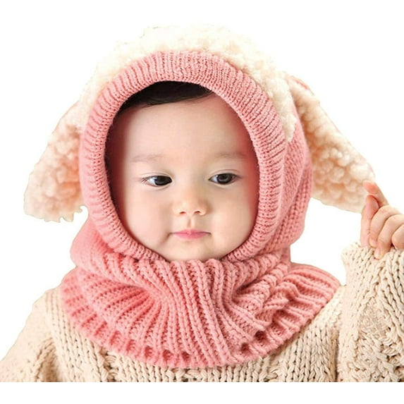 GRNSHTS Toddler Baby Girls Boys Winter Warm Hat Hooded Scarf Earflap Knitted Cap (Pink)