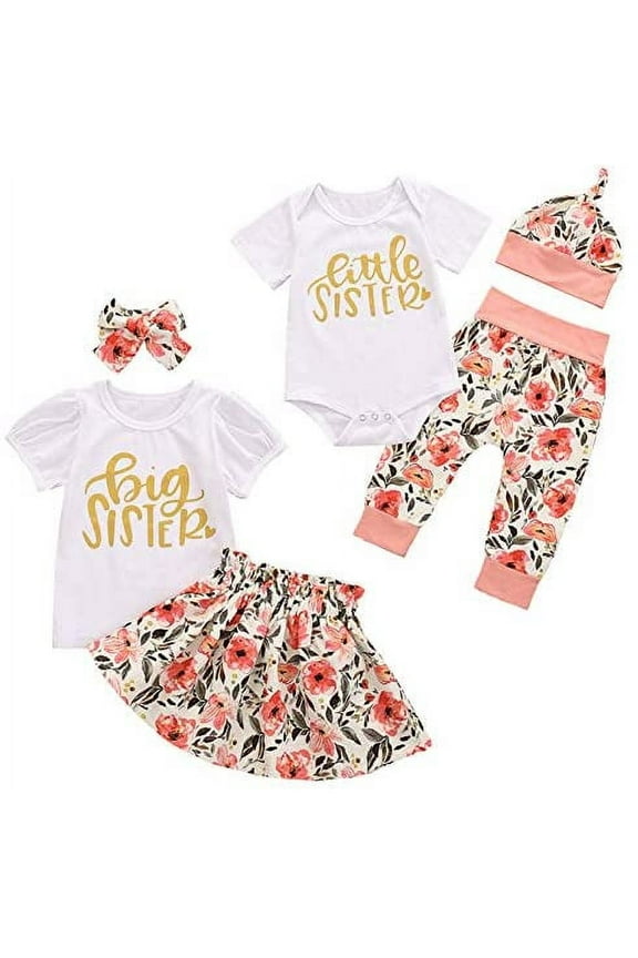 Toddler Baby Girls Sister Matching Outfits Big Kids Little Big Sister Long Sleeve Top Romper + Floral Skirt Clothes Set (Big Sister,4-5T)