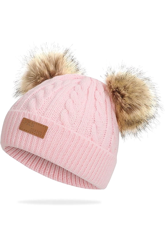Toddler Infant Kids Baby Winter Warm Knit Hat Unisex Boys Girls Crochet Fur Hairball Beanie Cap Light Pink