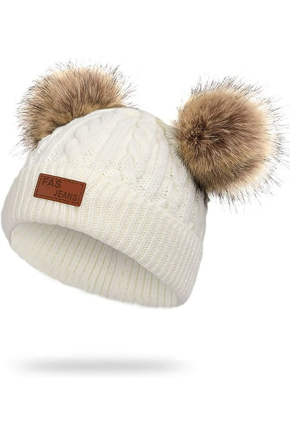 Toddler Infant Kids Baby Winter Warm Knit Hat Unisex Boys Girls Crochet Fur Hairball Beanie Cap White