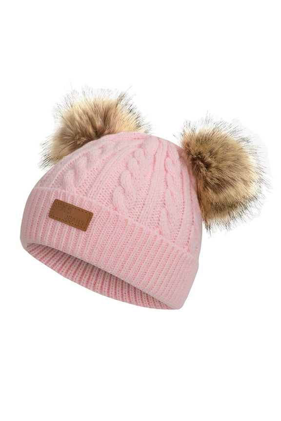 Toddler Kids Boys Girls Beanie Woolen Hat Solid Color Winter Warm Double Pom Pom Cap for 1-3 Years Old Pink