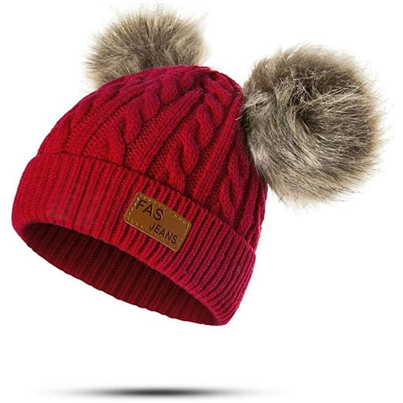 GRNSHTS Toddler Kids Boys Girls Beanie Woolen Hat Solid Color Winter Warm Double Pom Pom Cap for 1-3 Years Old Red