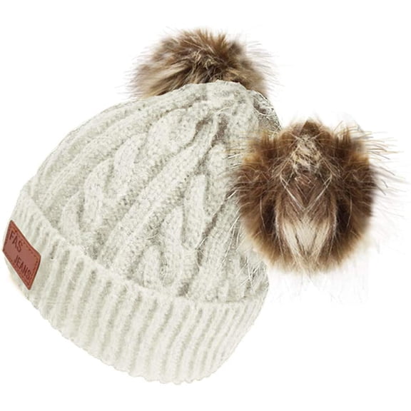 GRNSHTS Toddler Kids Boys Girls Beanie Woolen Hat Solid Color Winter Warm Double Pom Pom Cap for 1-3 Years Old White