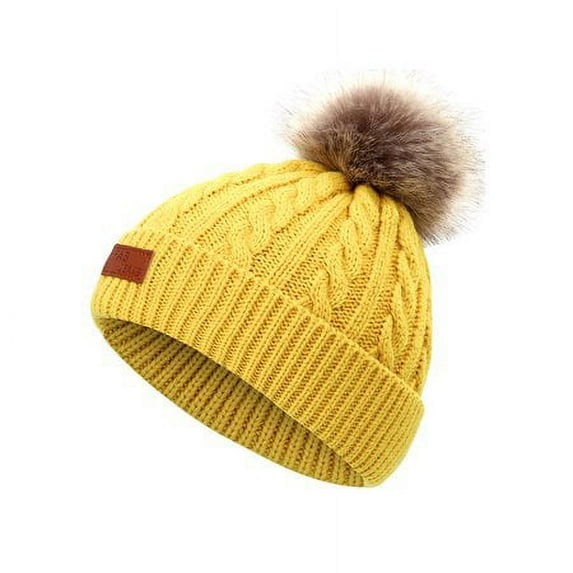 GRNSHTS Toddler Kids Boys Girls Winter Hats Warm Knitted Crochet Beanie Plain Pom Caps (Yellow)
