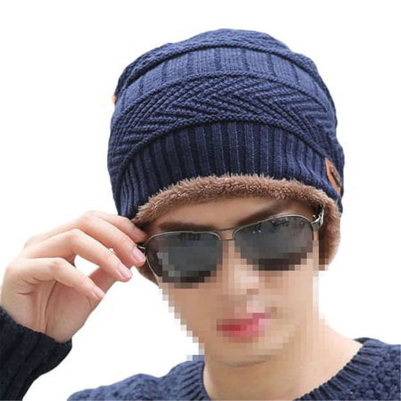 GRNSHTS Unisex Caps Women Men Winter Knitted Hats Beanie Fur Baggy Wool Cap Skull Slouchy Warm Ski Hat ,Navy Blue