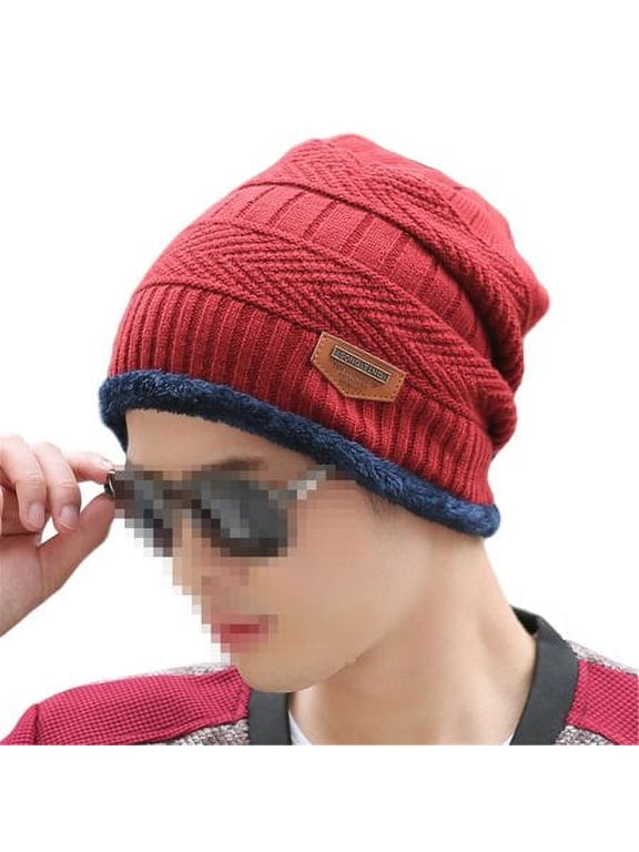 Unisex Caps Women Men Winter Knitted Hats Beanie Fur Baggy Wool Cap Skull Slouchy Warm Ski Hat ,Red