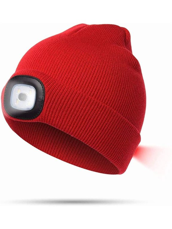 Unisex LED Beanie Hat with Light, Gifts for Men Dad Him Women USB Rechargeable Winter Knit Lighted Headlight Headlamp Cap Flashlight Hat with 3 Brightness Levels Lighting and Flashing (Red)