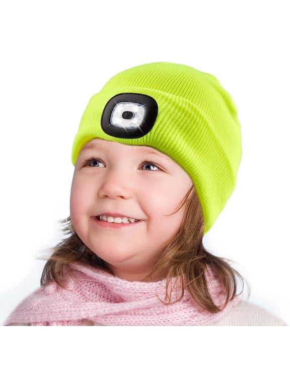 Unisex LED Beanies with Light for Kids, USB Rechargeable LED Knitted Caps Winter Warm Knitted Flashlight Hats for Hiking, Biking, Camping at Night, Outdoor Sports (Fluorescent Yellow)