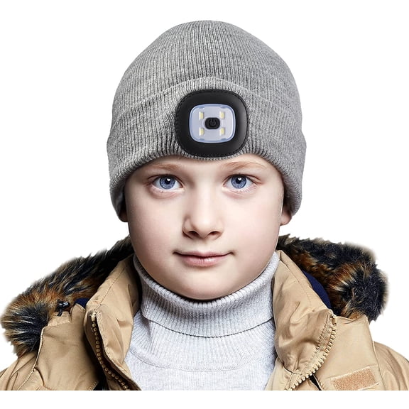 GRNSHTS Unisex LED Beanies with Light for Kids, USB Rechargeable LED Knitted Caps Winter Warm Knitted Flashlight Hats for Hiking, Biking, Camping at Night, Outdoor Sports (Light Grey)