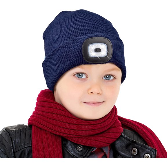 GRNSHTS Unisex LED Beanies with Light for Kids, USB Rechargeable LED Knitted Caps Winter Warm Knitted Flashlight Hats for Hiking, Biking, Camping at Night, Outdoor Sports (Navy Blue)