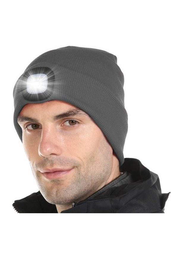 Unisex LED Light Cap Knit Beanie Hat with Rechargeable Batteries For Outdoor Hunting Camping Fishing (Gray)