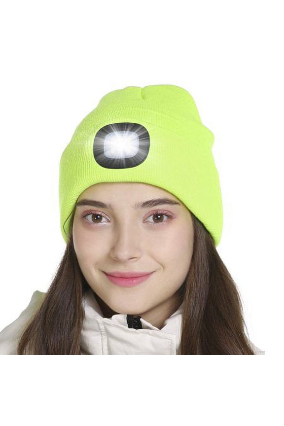 Unisex LED Light Cap Knit Beanie Hat with Rechargeable Batteries For Outdoor Hunting Camping Fishing (Yellow)