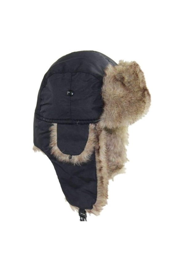 Unisex Men Women Fur Lined Trapper Hat Warm Windproof Winter Russian Hat Black
