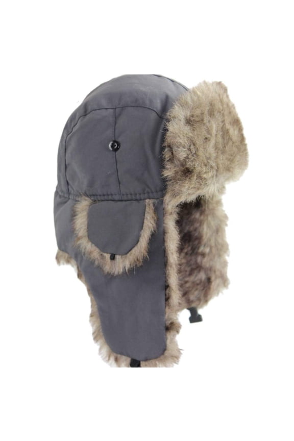Unisex Men Women Faux Fur Lined Trapper Hat Warm Windproof Winter Russian Hat Grey