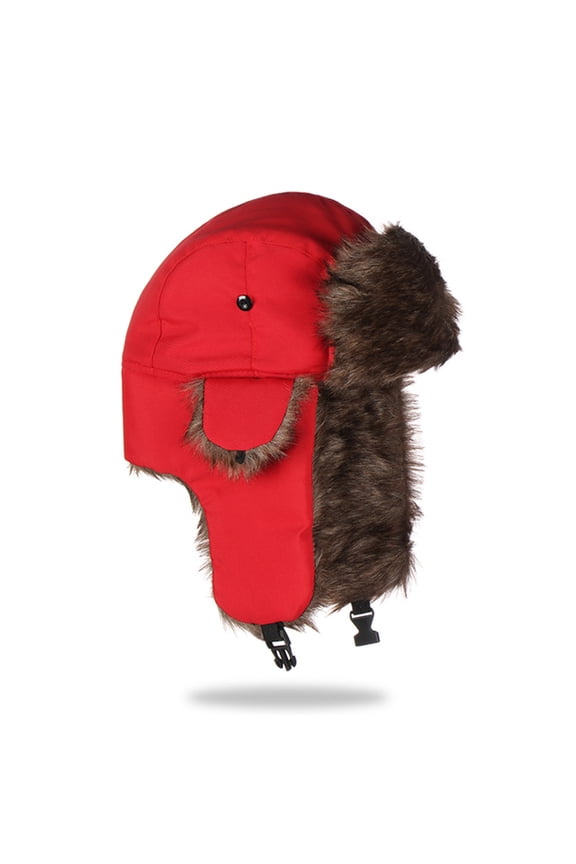 Unisex Men Women Faux Fur Lined Trapper Hat Warm Windproof Winter Russian Hat Red