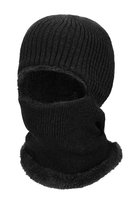GRNSHTS Unisex Winter Balaclava Warm Knitted Neck Warmer Windproof Beanie Hat Fleece Lined Face Covering for Outdoor Sports (Black)