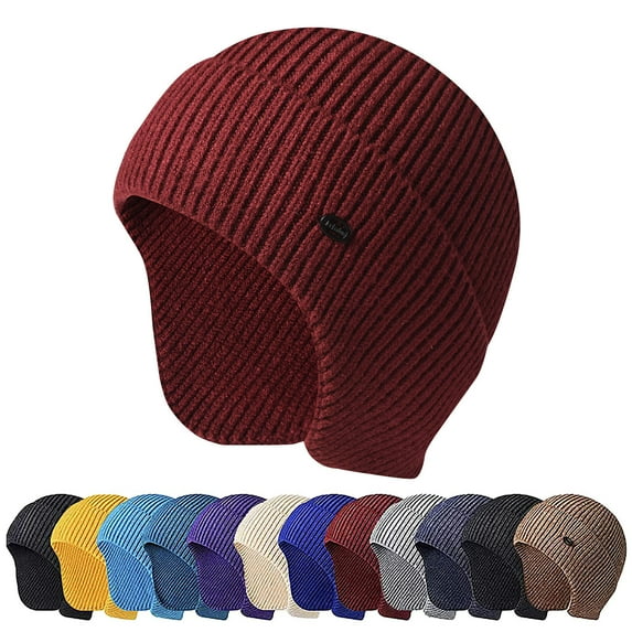 GRNSHTS Unisex Winter Beanie Hat with Ear Flaps Knit Skull Cap for Skiing, Cycling, Motorcycling, Camping (Wine Red)