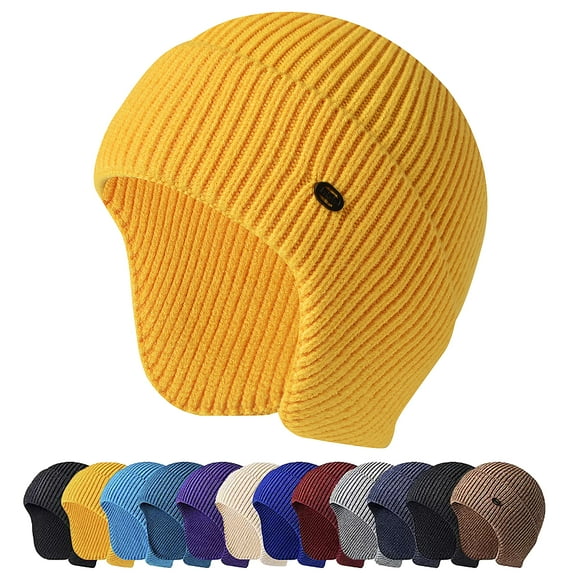 GRNSHTS Unisex Winter Beanie Hat with Ear Flaps Knit Skull Cap for Skiing, Cycling, Motorcycling, Camping (Yellow)