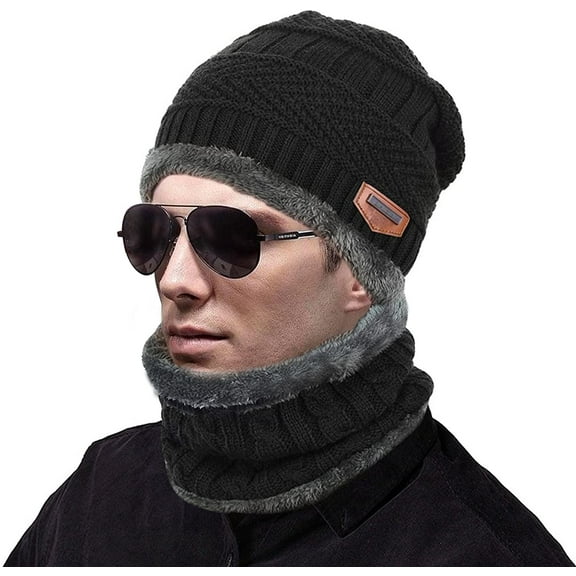 GRNSHTS Unisex Winter Beanie Hats Scarf Set Warm Knit Hat Thick Fleece Lined Slouchy Cap Neck Warmer for Men Women (Black)