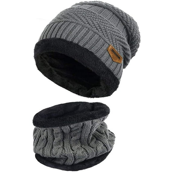 GRNSHTS Unisex Winter Beanie Hats Scarf Set Warm Knit Hat Thick Fleece Lined Slouchy Cap Neck Warmer for Men Women (Grey)