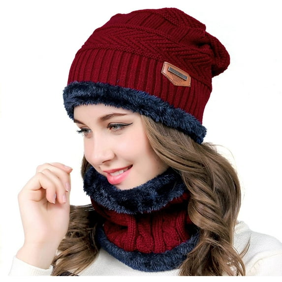 GRNSHTS Unisex Winter Beanie Hats Scarf Set Warm Knit Hat Thick Fleece Lined Slouchy Cap Neck Warmer for Men Women (Red)