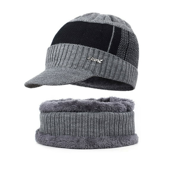 GRNSHTS Winter Beanie Hat Scarf Set,2PCS Knit Winter Warm Beanies Hat Thick Fleece Lined Winter Skull Cap Scarf for Men Boys (Gray)