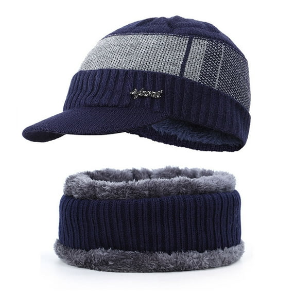 GRNSHTS Winter Beanie Hat Scarf Set,2PCS Knit Winter Warm Beanies Hat Thick Fleece Lined Winter Skull Cap Scarf for Men Boys (Navy Blue)