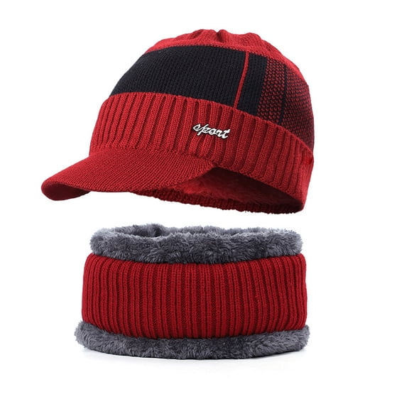 GRNSHTS Winter Beanie Hat Scarf Set,2PCS Knit Winter Warm Beanies Hat Thick Fleece Lined Winter Skull Cap Scarf for Men Boys (Wine Red)