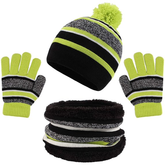 GRNSHTS Winter Kids Hat Scarf Gloves Set Knit Fleece Lined Beanie Neck Warmer Mittens for Toddler Boys Girls 3-8 Years (Green)