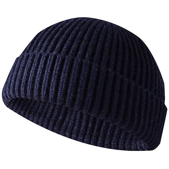 GRNSHTS Winter Knit Cuff Beanie Cap Trawler Beanie Hat Short Fisherman Skull Cap Wool Beanie for Men Women (Dark Blue)