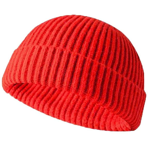GRNSHTS Winter Knit Cuff Beanie Cap Trawler Beanie Hat Short Fisherman Skull Cap Wool Beanie for Men Women (Red)