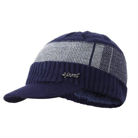 GRNSHTS Winter Men Hat Knit Cable Visor Beanie with Fleece Lining Patchwork Stripe Newsboy Cap with Brim for Outdoor Sport (Blue)