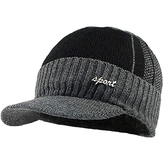 TELOLY GRNSHTS Winter Men Hat Knit Cable Visor Beanie with Fleece Lining Patchwork Stripe Newsboy Cap with Brim for Outdoor Sport (Grey)
