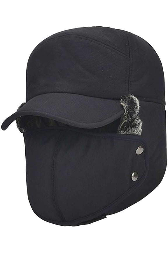 Winter Warm Facemask Cap, 3 in 1 Bomber Hat with Full Face Ear Flap, Men Trapper hat with Fur Lined (Black)