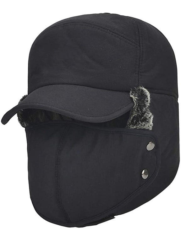 Winter Warm Facemask Cap, 3 in 1 Bomber Hat with Full Face Ear Flap, Men Trapper hat with Fur Lined (Black)