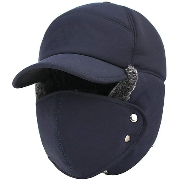 GRNSHTS Winter Warm Facemask Cap, 3 in 1 Bomber Hat with Full Face Ear Flap, Men Trapper hat with Fur Lined (Navy Blue)