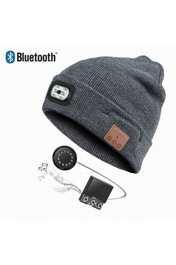 Wireless Bluetooth Beanie Headset Hat with LED Light,Built-in Stereo Speaker and Mic Headphone Music Knitted Cap (Grey)