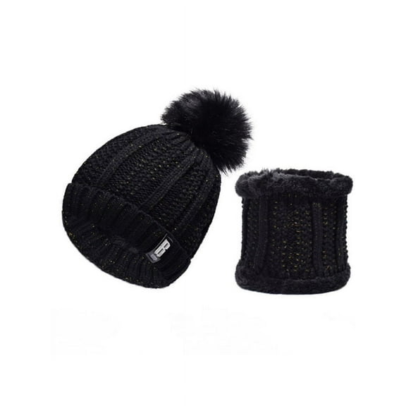 GRNSHTS Women Fleece Faux Fur Pom Neck Warmer Beanie Set Wool Crochet Knit Hat Bobble Ski Cap (Black)