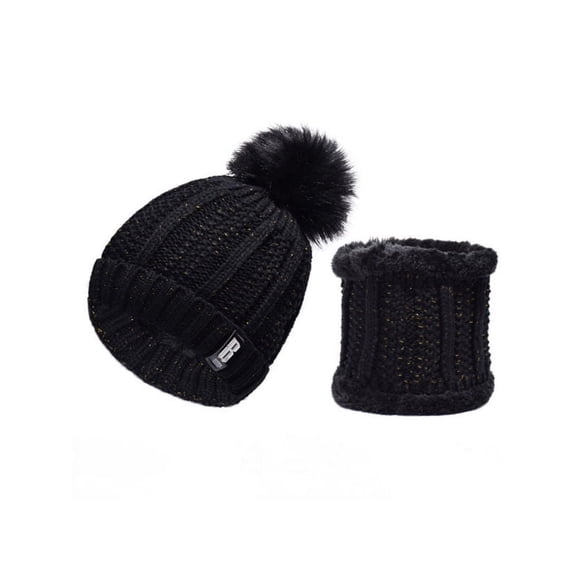 GRNSHTS Women Fleece Faux Fur Pom Neck Warmer Beanie Set Wool Crochet Knit Hat Bobble Ski Cap (Black)
