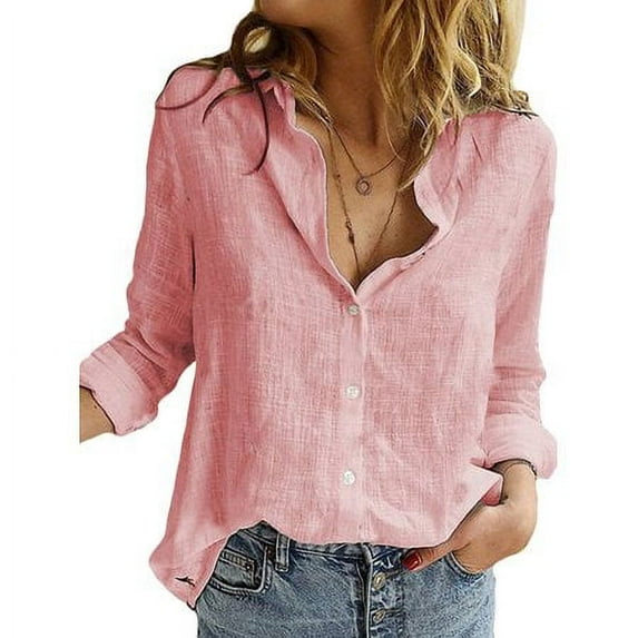 GRNSHTS Women Long Sleeve V Neck Baggy Loose Cotton Tops T Shirts Plus Size Ladies Thin Button Linen Tunic Blouse Loose Slim Fit OL Office Work Tee Tops Shirt