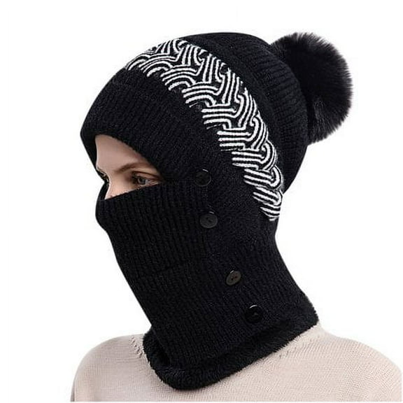 GRNSHTS Women One Piece Slouchy Fleece Beanie Hats Scarf Mask Warm Winter Knitted Hat Thick Skull Ski Cap (Black)